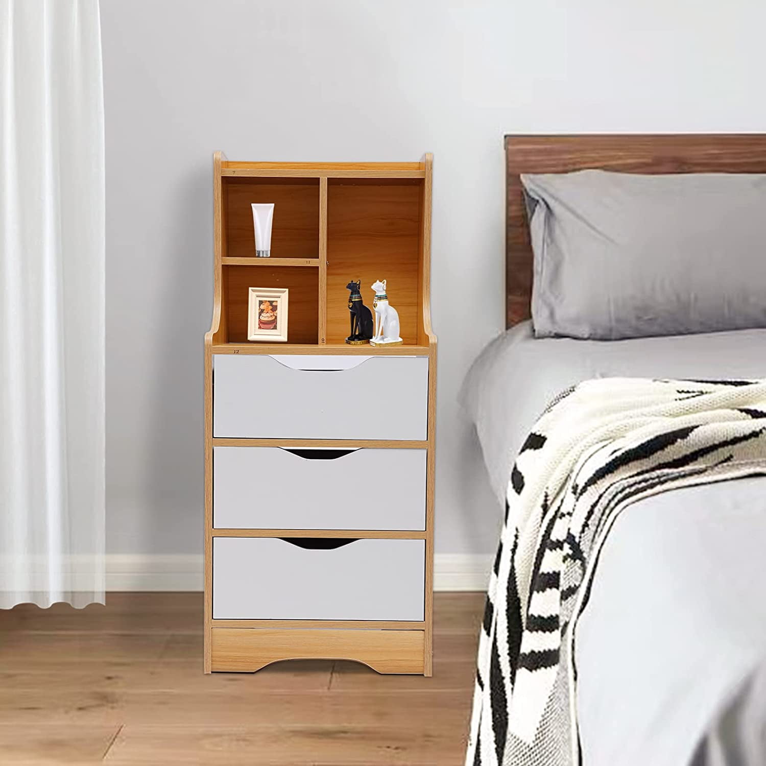 Miumaeov Wood Nightstand Side Table with 3 Drawers and Storage Shelves ...