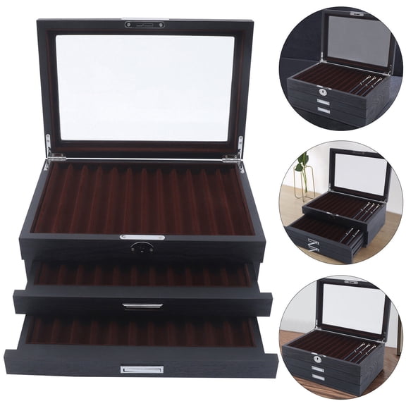 Miumaeov Wood Pen Display Box, Pen Organizer with Top Glass Transparent Window, Wooden Pen Storage With Lock (34 Slots)