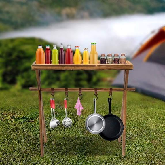 Miumaeov Wooden Portable Picnic Rack Outdoor Grill Rack Storage Table Shelf for Picnic, Camping, BBQ