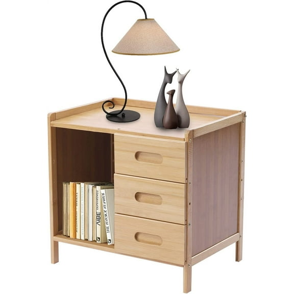 Miumaoev Modern Bamboo Nightstand with 3 Drawers, Minimalism Side Table, Bedroom Storage Drawer Bedside End Table with 3 Drawers and Open Shelf for Bedroom Living Room Home Office (Wood Color)