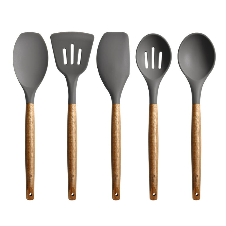 Zulay Kitchen 8 Piece Silicone Utensils Set with Natural Acacia Hardwood Handles, Gray
