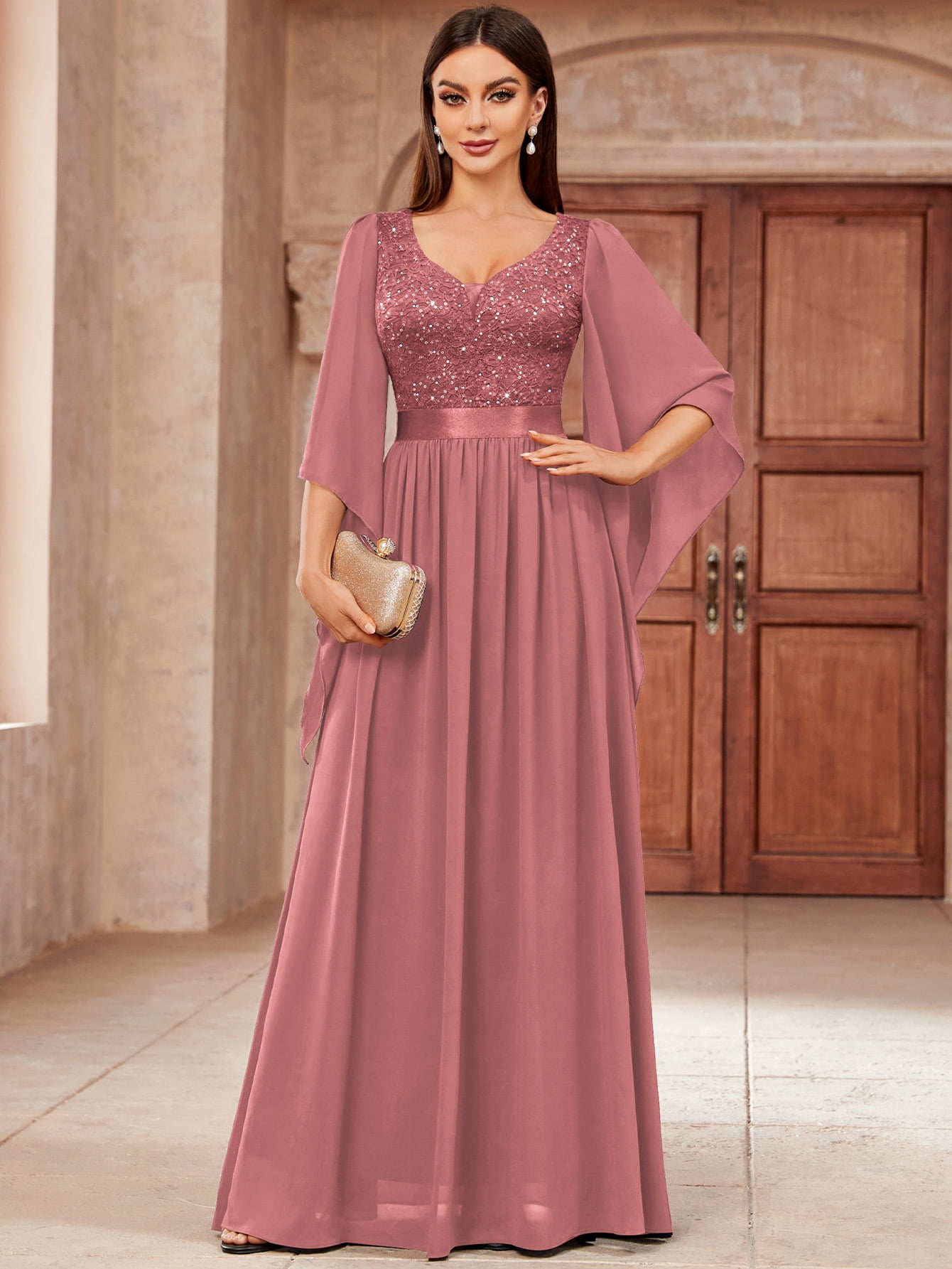 Miusol Women's Deep V Neck Sleeveless Long Dress With Ruffle Detail & High Split - Wedding Party Formal Gown