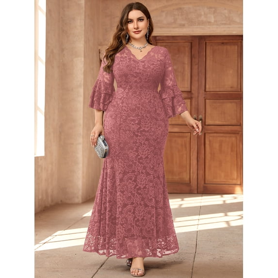 Miusol Plus Size Floral Lace Flounce Sleeve Mermaid Evening Party Dress for Weddings, Proms & Formal Events