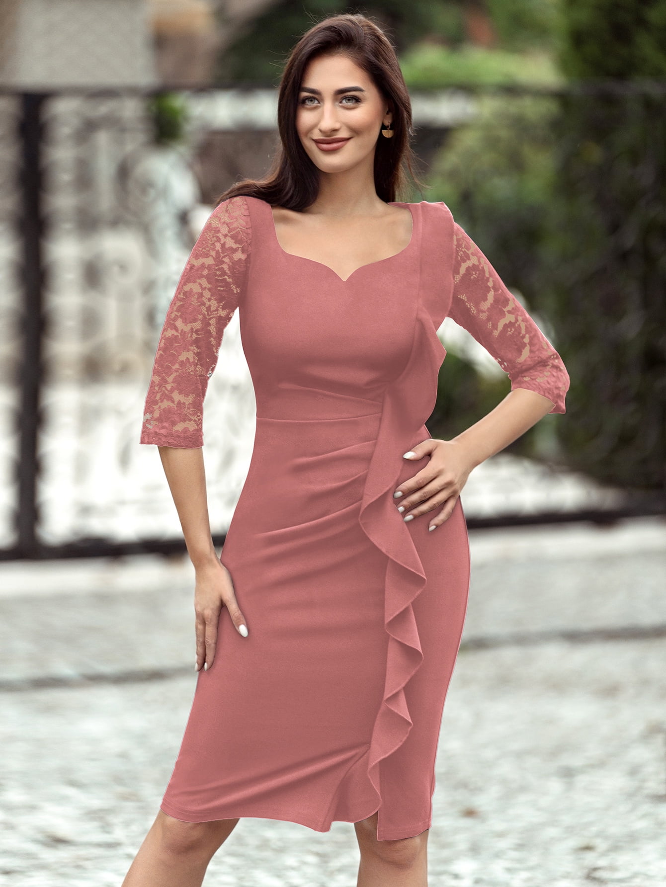 miusol red dress Miusol Women's Retro Contrast Floral Lace Sweetheart Neck Ruffle Trim 3/4  Sleeve Cocktail Party Bodycon Dress