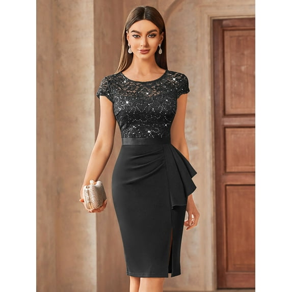 Miusol Women's Contrast Lace Sequin Insert Ruffle Trim Ruched Wrap Hem Bodycon Dress