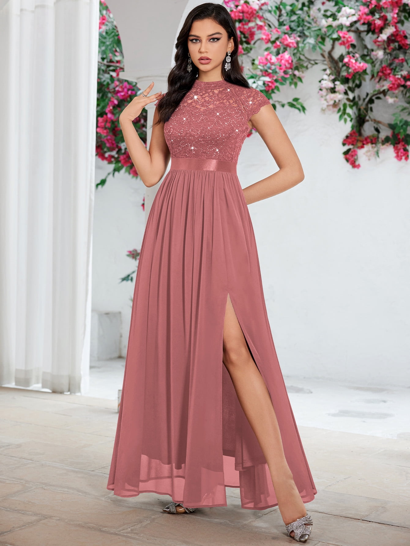 Miusol Women's Elegant Sequin Lace Contrast Chiffon Split Style Evening  Party Maxi Dress - Walmart.com
