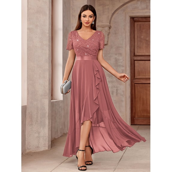 Miusol Women's Elegant V-Neck Sequin Floral Lace Ruffle Trim High-Low Hem Formal Party Long Dress