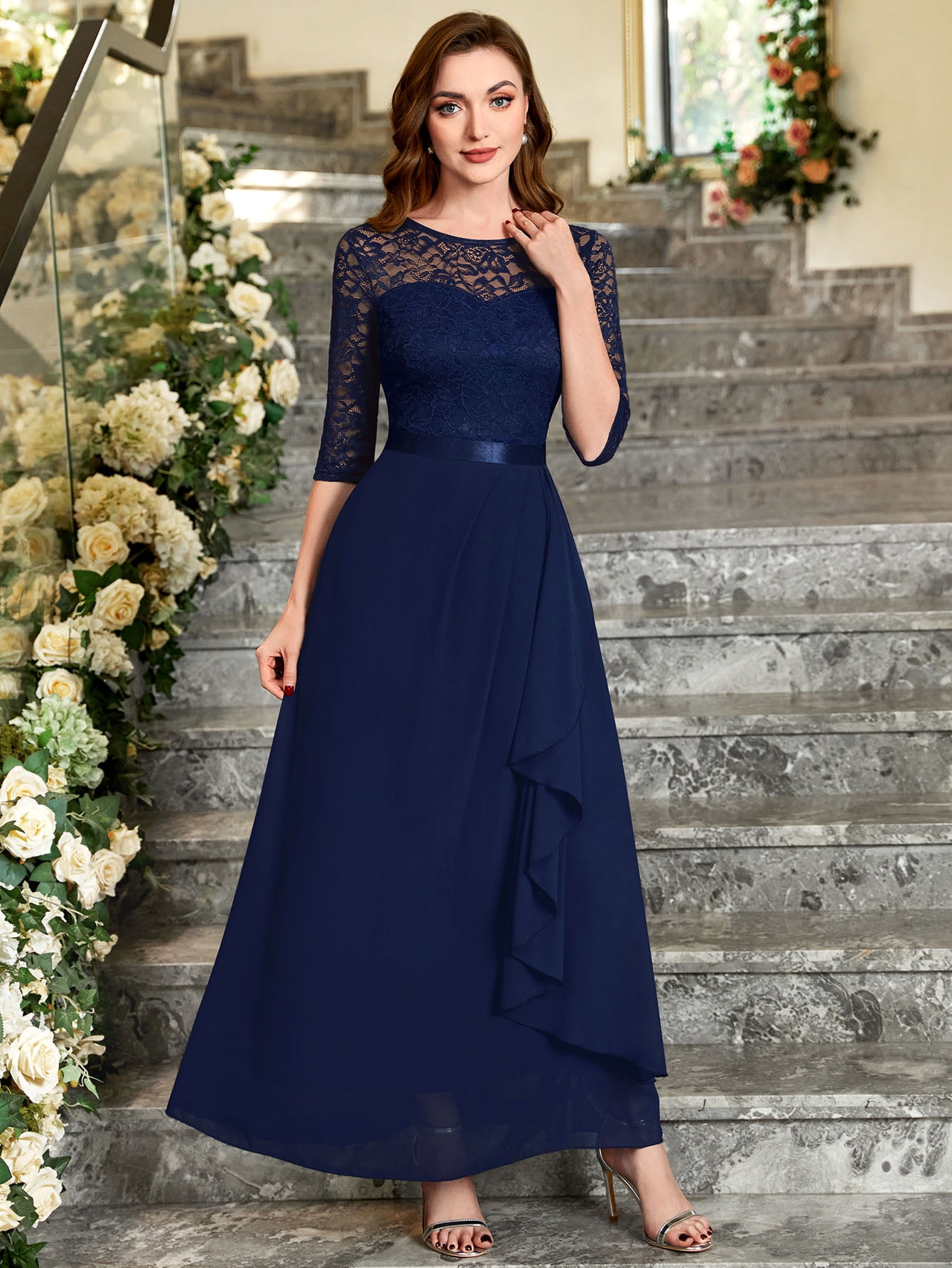 miusol women's formal floral lace evening party maxi dress Miusol Women's Elegant Sequin Floral Lace Butterfly Sleeve Formal Evening  Maxi Dress for Bridesmaid Parties, Proms & Galas