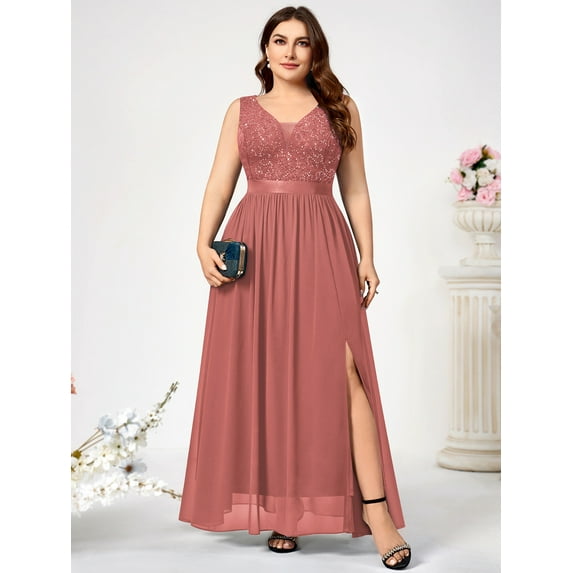 Miusol Women's Plus Size Deep V-Neck Sequin Floral Lace Chiffon Maxi Dress, Sleeveless with Split Hem