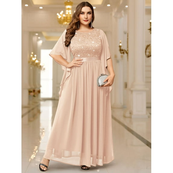 Miusol Women's Plus Size Elegant Butterfly Sleeve Chiffon Sequin Lace Bodice Evening Party Long Dress