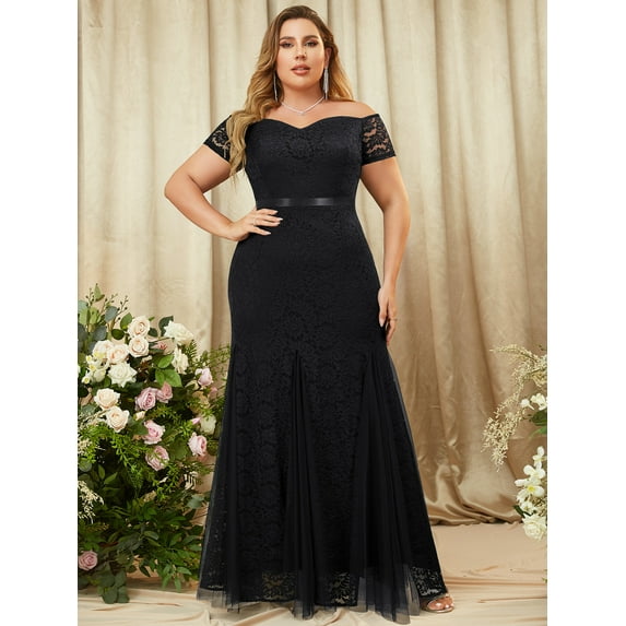 Miusol Women's Plus Size Floral Lace Off Shoulder Side Split Formal Evening Party Maxi Dress