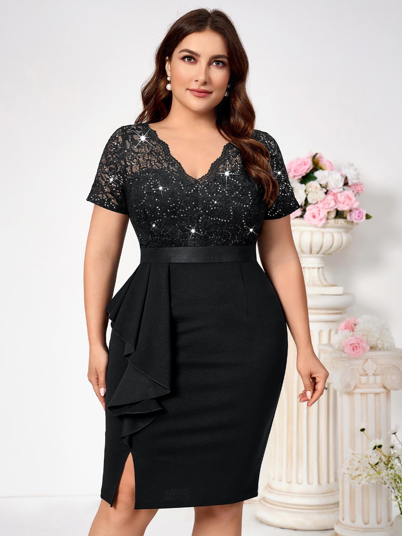 Miusol Plus Size V-Neck Floral Lace Maxi Dress - Elegant Bridesmaid Or Evening Gown With Ruffle Hem, 2/3 Sleeves