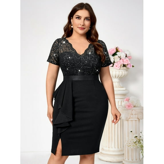 Miusol Women's Plus Size Sequin Lace Bodice V-Neck Ruffle Split Thigh Bodycon Dress