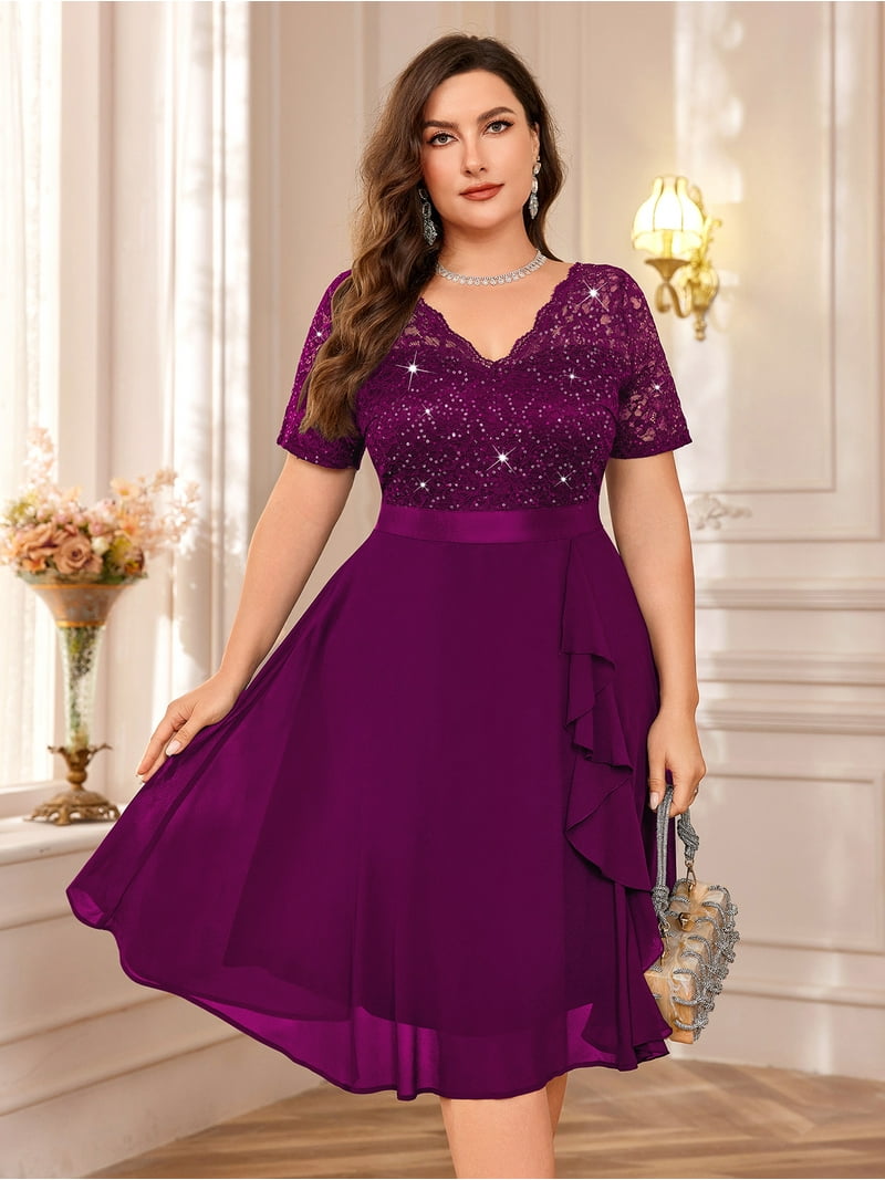 Miusol Women's Plus Size Sequin Lace V-Neck Chiffon Ruffle Trim