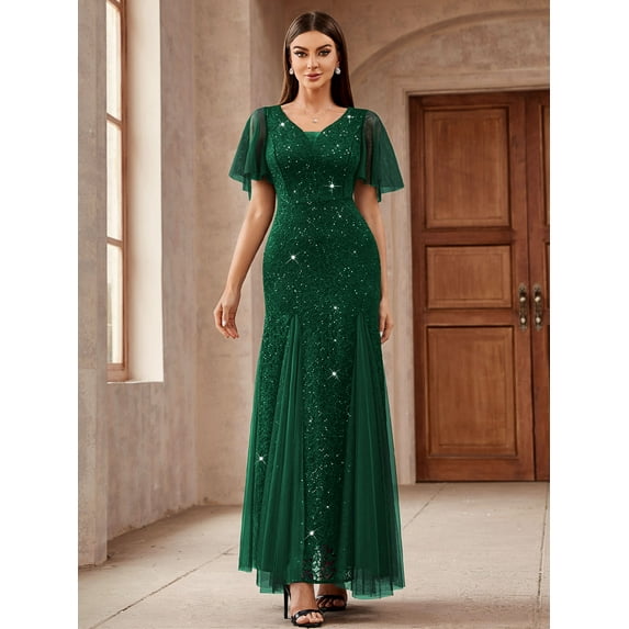 Miusol Women's Sequin Lace Deep V-Neck Tulle Mermaid Hem Maxi Dress