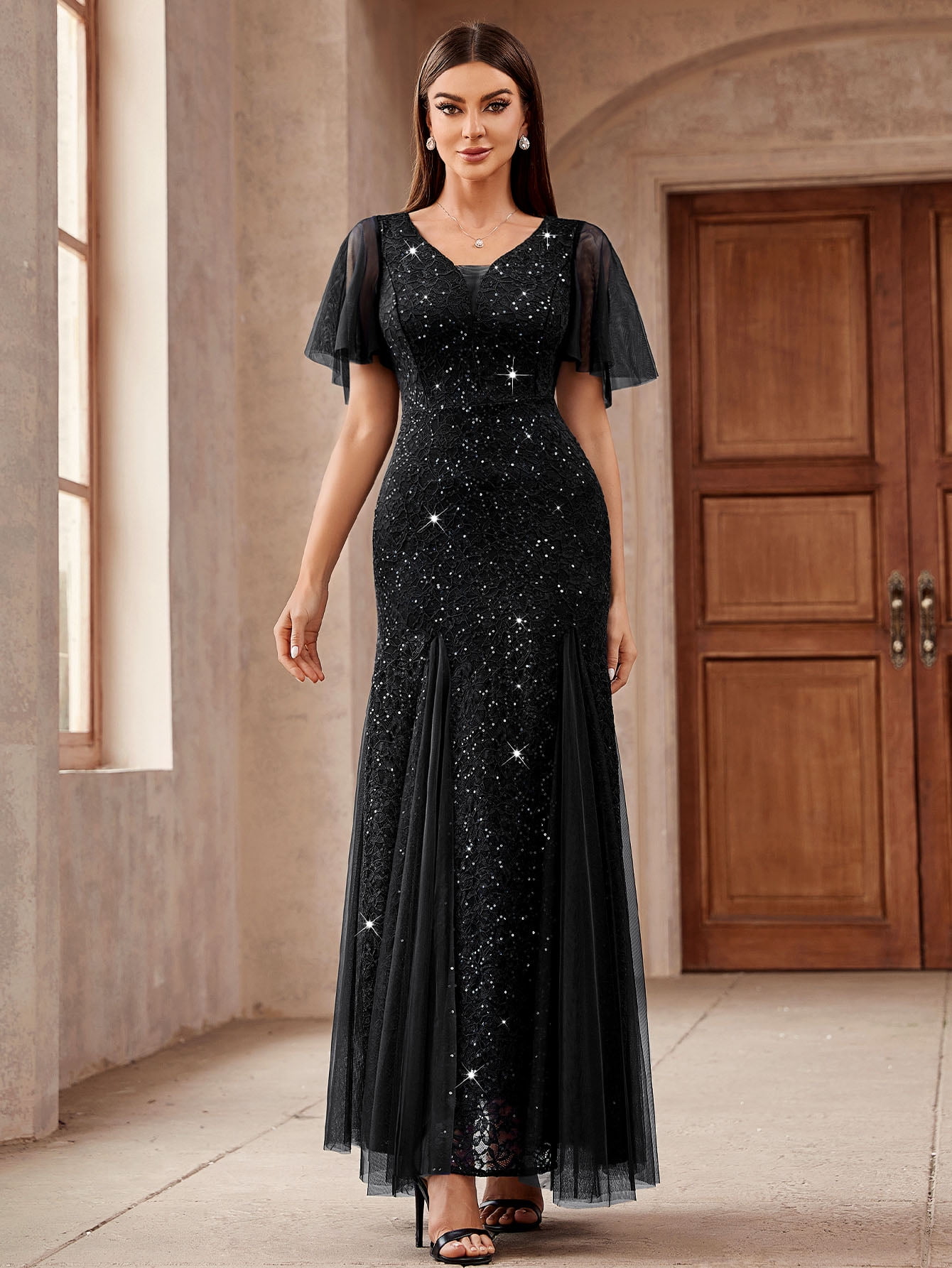 Miusol Women's Sparkly Sequin Lace Maxi Dress - Formal Evening Gown With Mermaid Hem