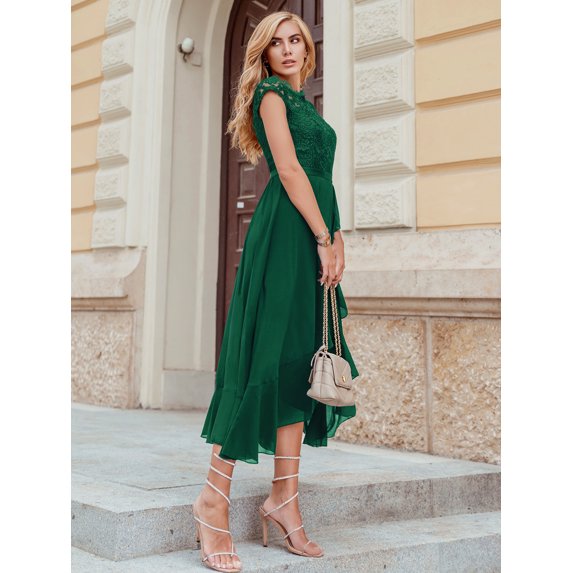 Miusol Women's Contrast Floral Lace Chiffon Ruffle Hem Formal Party Long Dress