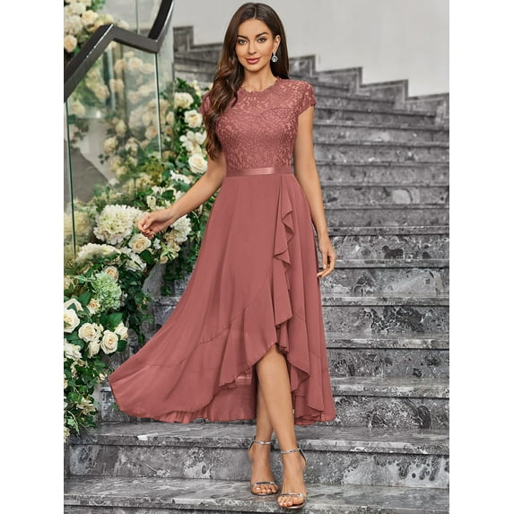 Miusol Women's Contrast Floral Lace Chiffon Ruffle Hem Formal Party Long Dress