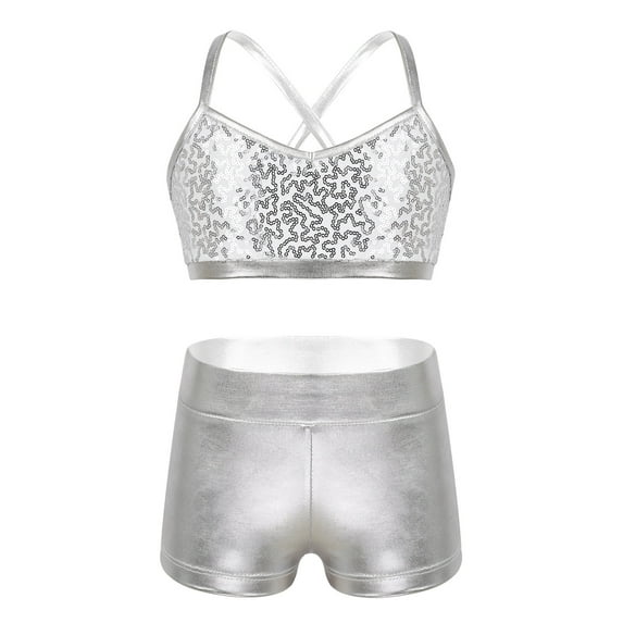Miutii 2PCS Kids Girls Tankini Outfit Shiny Sequins Cami Tank Top with Bottoms Set for Ballet Dance Gym Workout Silver 10
