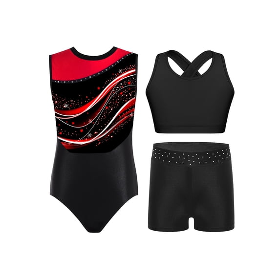 Miutii 3Pcs Gymnastics Leotards for Girls Sparkly Sleeveless Ballet Dance Unitard Vest Tops with Athletic Shorts Set Red 6