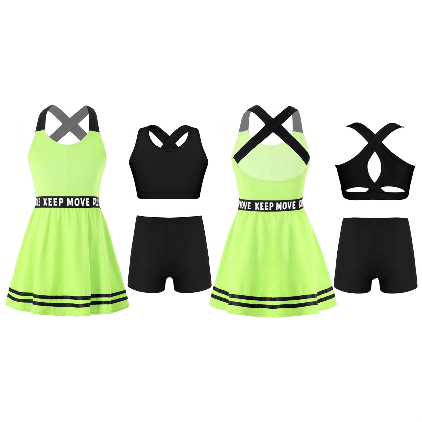 Miutii 3Pcs Kids Sports Tenins Outfits Girl Athletic A-line Dress with Racerback Bras Vest and Shorts Fluorescent Green 12