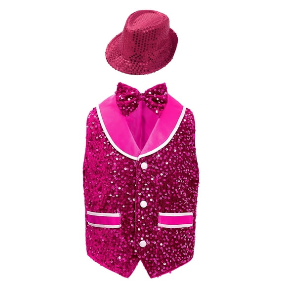 Miutii Boys Girls Sequins Vest Hip Hop Choir Jazz Dance Shirt Velvet Button Waistcoat Bowtie with Hat Party Clothes Hot Pink 8