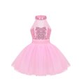 thumbnail image 1 of Miutii Big Girls Sleeveless Mock Neck Shiny Sequins Mesh Splice Ballet Dance Gymnastic Leotard Tutu Dress Pink 4-5, 1 of 7