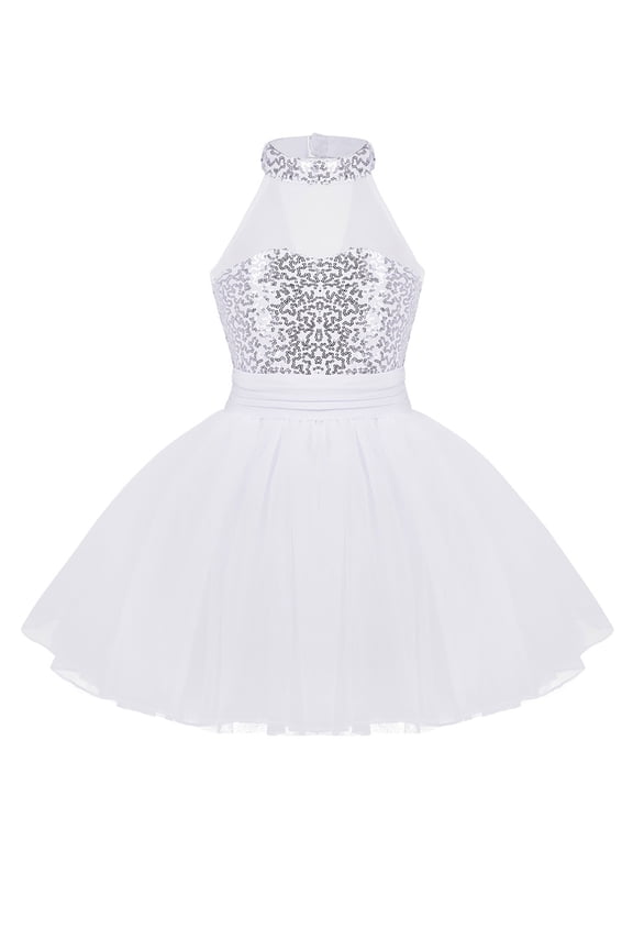 Big Girls Sleeveless Mock Neck Shiny Sequins Mesh Splice Ballet Dance Gymnastic Leotard Tutu Dress White 11-12