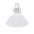 thumbnail image 1 of Miutii Children Girls Sleeveless Cutout Back Shiny Sequins Ballet Dance Dress Layered Ruffle Mesh Splice Tutu Skirt White 7-8, 1 of 7
