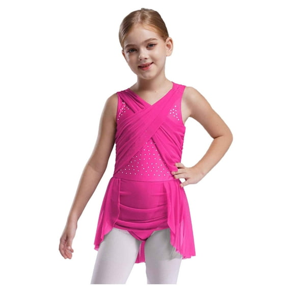 Miutii Figure Ice Skating Dress for Girls Sleeveless Ballet Dance Leotard Dress Lyrical Contemporary Modern Dance Dress Hot Pink 8