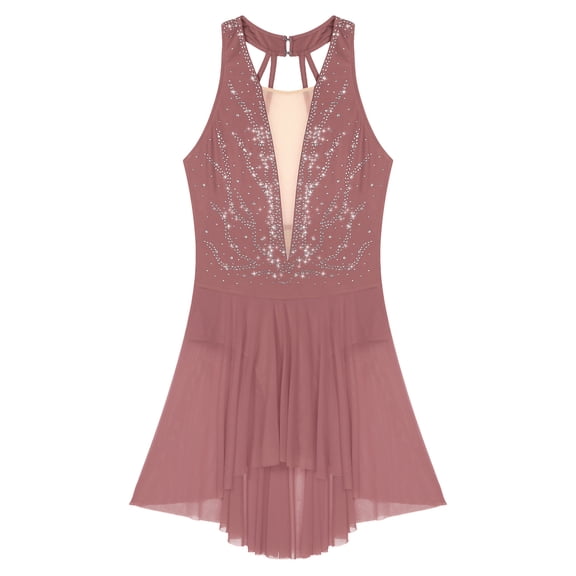 Miutii Figure Ice Skating Dress for Women Sleeveless Glitter Rhinestones Mesh Splice Leotard Dusty Pink XL