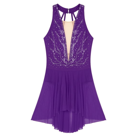 Miutii Figure Ice Skating Dress for Women Sleeveless Glitter Rhinestones Mesh Splice Leotard Purple L
