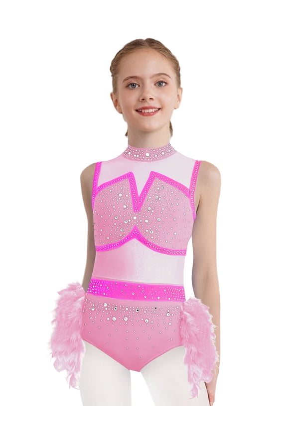 Figure Skating Dress for Girls Feather Tulle Skirted Leotard Latin Jazz Stage Performance Dancewear Pink 12