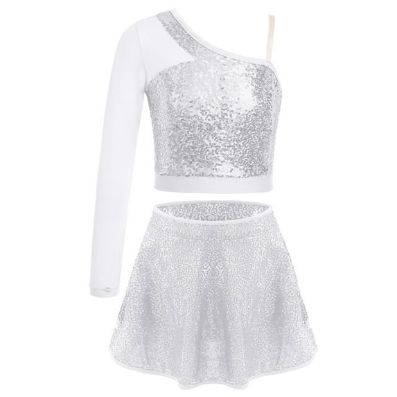 Miutii Girl's Hip Hop Clothes Sequins Modern Jazz Latin Dancewear 2 Piece Stage Performance Dance Outfit Silver 8