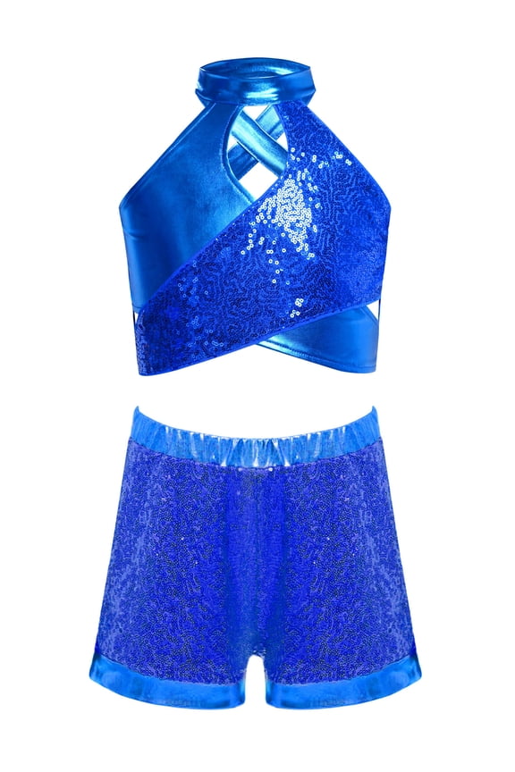 Girl's Sparkle Hip Hop Jazz Dance Clothes Set Crop Top with Shorts Cheerleading Uniform Street Dancing Outfits Blue 6