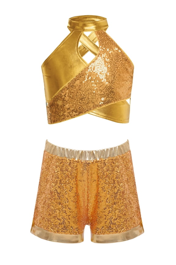 Girl's Sparkle Hip Hop Jazz Dance Clothes Set Crop Top with Shorts Cheerleading Uniform Street Dancing Outfits Gold 6