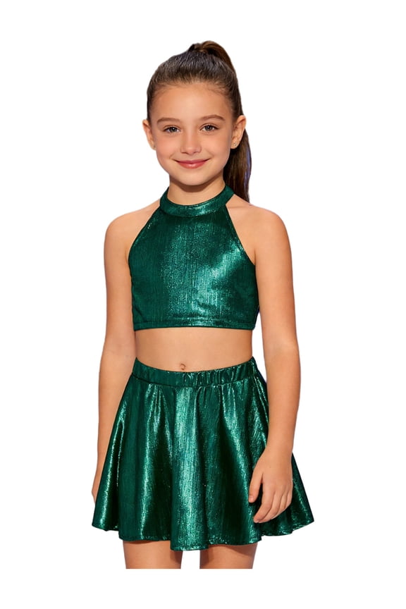 Girls 2 Piece Dance Outfits Shiny Skirt And Top Set Cheer Outfit for Stage Performance Hip-hop Green 6-10