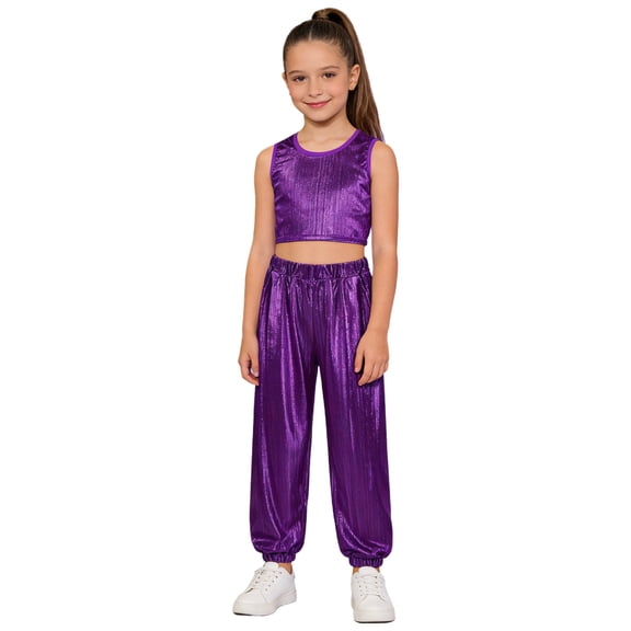 Miutii Girls 2 Piece Dance Outfits Shiny Tops and Pants Set Cheer Outfit for Stage Performance Purple 11-12