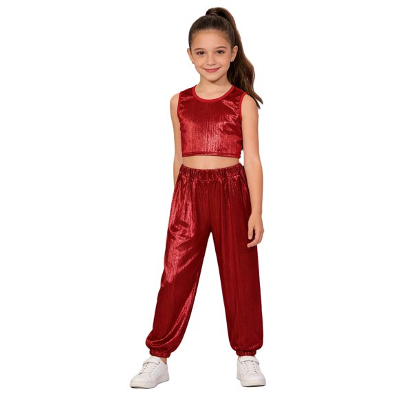 Miutii Girls 2 Piece Dance Outfits Shiny Tops and Pants Set Cheer Outfit for Stage Performance Red 7-8