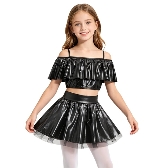 Miutii Girls 2 Piece Metallic Dance Outfits Shiny Skirt and Crop Top Set Ballroom Dancewear for Party Black 8