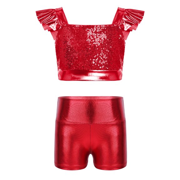 Miutii Girls 2 Piece Modern Dance Outfits Shiny Shorts And Top Set Cheer Outfit for Ballet Performance Red 12