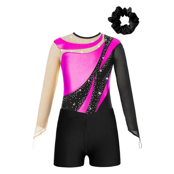 Miutii Girls 3Pcs Gymnastics Outfits Long Sleeve Jersey Leotards with Athletic Shorts Hair Band Balllet Unitards Hot Pink 6