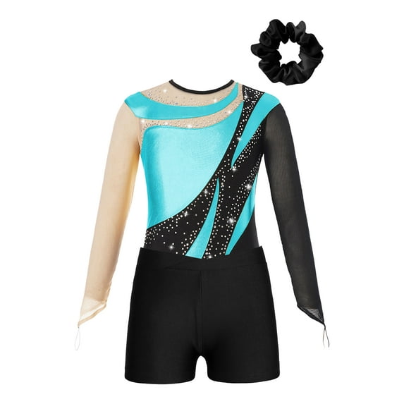 Miutii Girls 3Pcs Gymnastics Outfits Long Sleeve Jersey Leotards with Athletic Shorts Hair Band Balllet Unitards Lake Blue 6