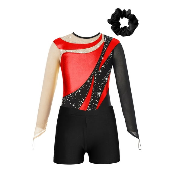 Miutii Girls 3Pcs Gymnastics Outfits Long Sleeve Jersey Leotards with Athletic Shorts Hair Band Balllet Unitards Red 12