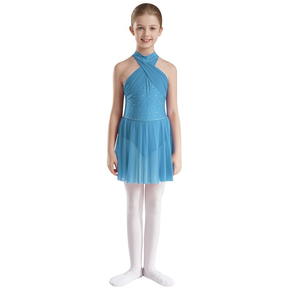 Miutii Girls Backless Ballet Lyrical Dance Dress Leotard High Low Flowy Sheer Skirt Ballroom Dancing Costumes Light Blue 16