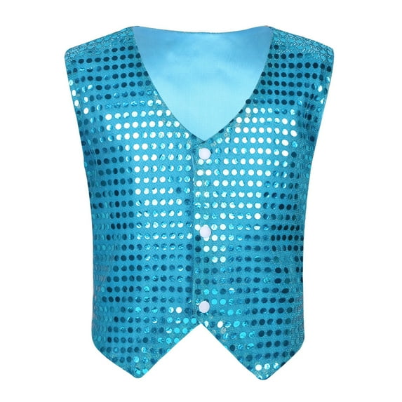Miutii Girls' Boys' Glittery Sequined Vest Jacket Hip-Hop Street Dance Waistcoat Performance Light Blue 120