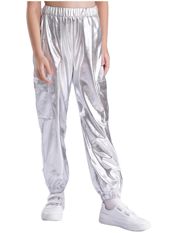 Girls Boys Shiny Metallic Dance Cargo Pants Elastic Waistband with Pockets for Hip Hop Jazz Stage Performance Silver 8
