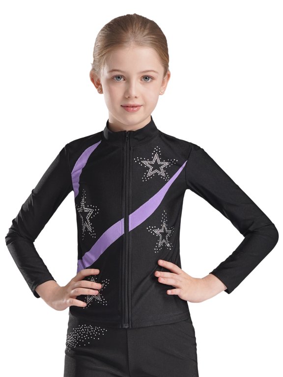 Girls Figure Ice Skating Training Jacket Rhinestones Sparkly Gymnastics Winter Sports Training Warm Coat Light Purple 6
