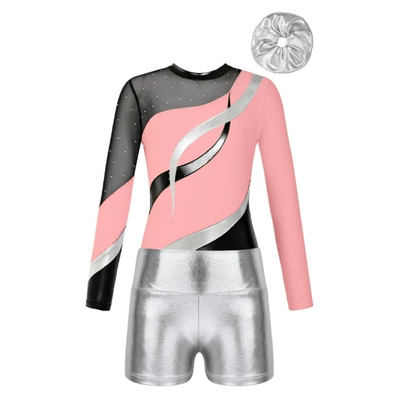 Miutii Girls Gymnastics Leotards Metallic Figure Skating Dance Unitards Biketards Activewear with Short & Hairband Light Pink 8