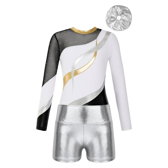 Miutii Girls Gymnastics Leotards Metallic Figure Skating Dance Unitards Biketards Activewear with Short & Hairband White 6